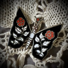 Vintage 70’s Enameled Butterfly Brooch/Pendant Floral Black White Red Fairycore