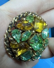 VTG Signed Barclay Brooch 1947 USA 12K Gold Plated W Yellow Green Cut Crystals