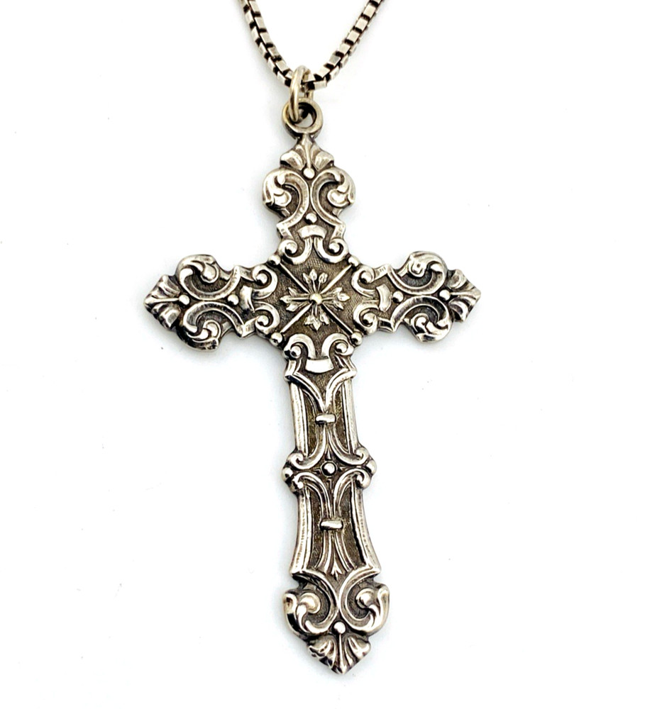 Large Rococo Cross Pendant Necklace Silver Tone Sterling Chain 18 Inch