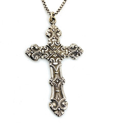 Large Rococo Cross Pendant Necklace Silver Tone Sterling Chain 18 Inch