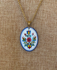 Folk Art Flower Necklace Colorful Enamel Pendant Red Yellow Blue Green 20″ Chain