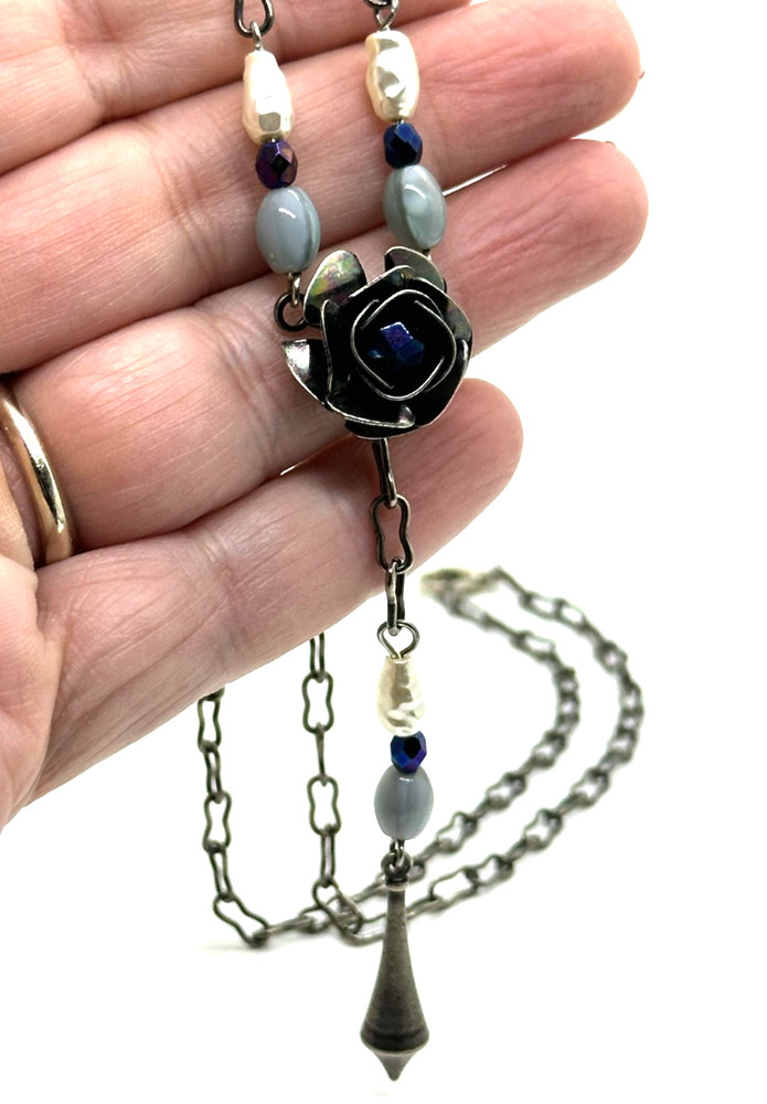 Artisan Gothic Rose Necklace Y Drop Blue Crystal Oxidized Silver Tone