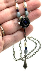 Artisan Gothic Rose Necklace Y Drop Blue Crystal Oxidized Silver Tone