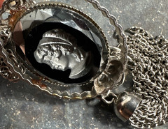 Vintage 30″ Silver Tone Double Strand Glass Cameo & Tassel Pendant Necklace