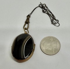 Victorian Double Sided Oval Banded Agate & Agate Locket Pendant Necklace 18”