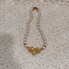 Vintage Swarovski Swan Faux Pearl Choker Necklace Red Crystal Gold Tone