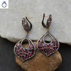 Natural Pave Diamond Earrings 925 Sterling Silver Rhodonite Gemstone Jewelry