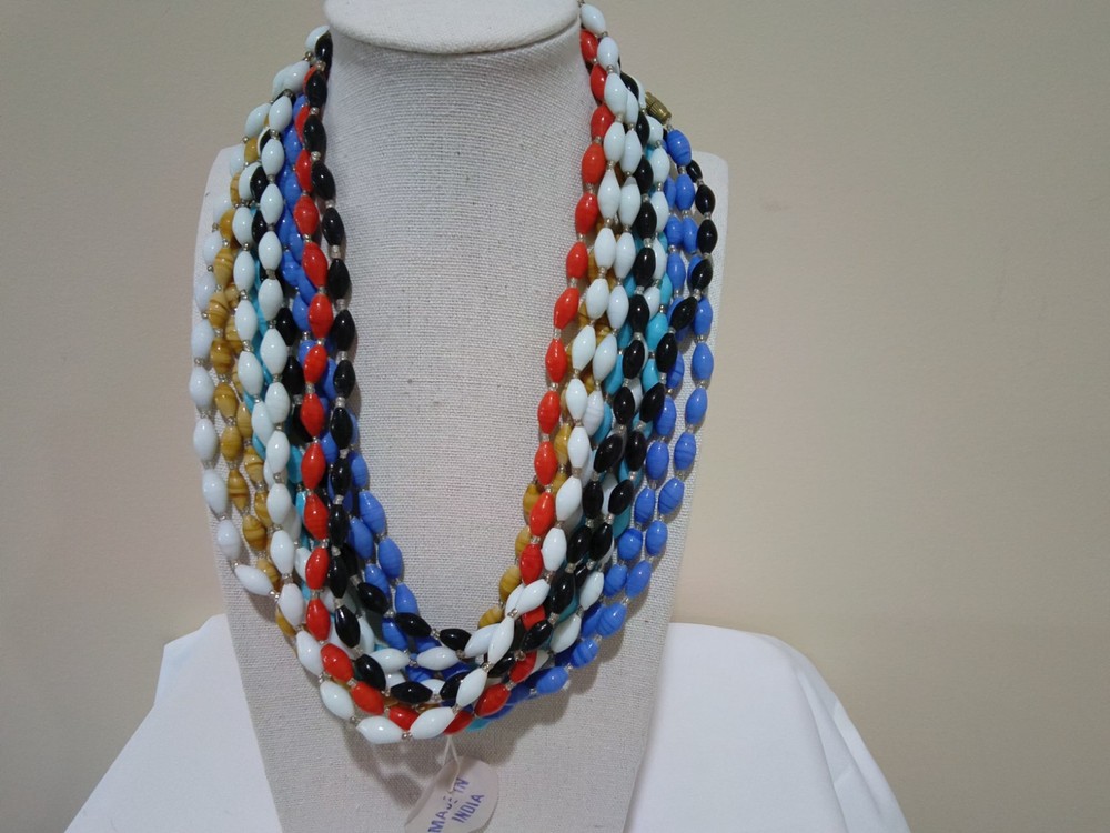 Vintage Glass Beaded Necklaces Made in India Lot of 12, Various Colors, Each 20″