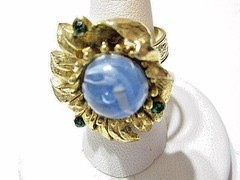 INTERESTING BLUE WHITE MARBLED STONE AND GREEN RHINESTONE RING ETCHED ADJUSTABLE