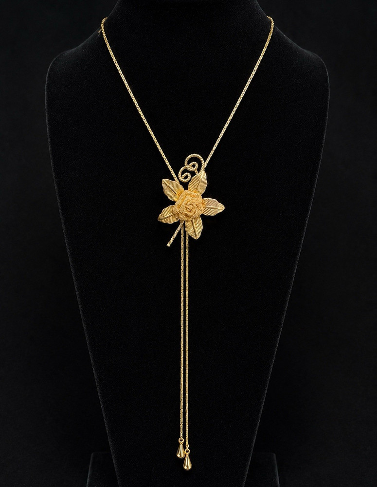Vintage Gold Tone Rose Flower Pendant Lariat Necklace Chain Slide 24-30″ (70’s)