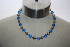 Princess Length 18″ Necklace Octagon Azure Blue Glass Gold Bead Seed Spacer Vtg