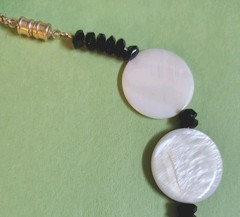 Vintage MOTHER OF PEARL Flat Disks & Black Crystal Beaded Choker Necklace