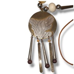 Vintage Artisan Modernist Pendant Necklace Leather Cord Brass Wood Beads