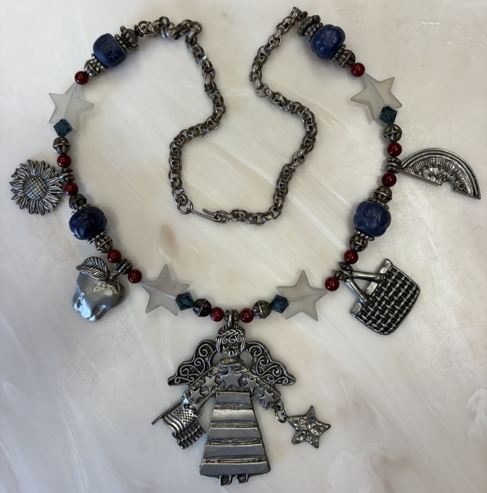 Marcie Signed 27” Pewter Charm & Beads Necklace PATRIOTIC Angel Picnic Sunflower