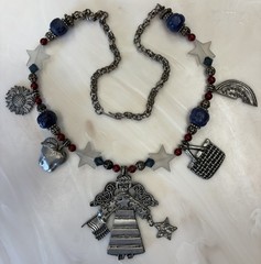 Marcie Signed 27” Pewter Charm & Beads Necklace PATRIOTIC Angel Picnic Sunflower