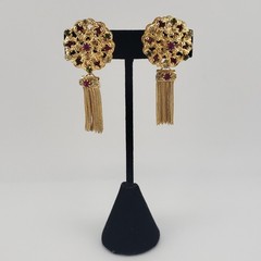 1950s Earrings Chain Tassel Filigree Gold Tone Pink Green Rhinestones Retro Glam