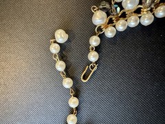 Vintage Filigree Beads Cha Cha Beaded Necklace with Faux Pearls AB Rhinestones