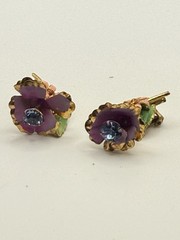 Vintage Austria Crystal Brooch and Earring Set 1950s Gold Tone Enamel Floral