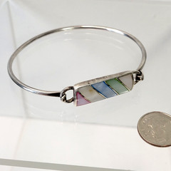 Vtg Sterling Silver Mop Mother Pearl Tension Bracelet Colors 7″ signed Inlay 925