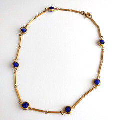 Vintage Gold Tone Long Link Chain Necklace Encased Navy Blue Bead Stations 15”
