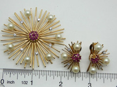 Mid Century Solid Gold Starburst Brooch & Earring Set w/ Pearls Diamonds Rb