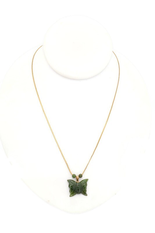 Vintage Gold Filled Jade Butterfly Pendant Necklace 17.75″