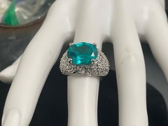 925 Sterling Silver vintage cocktail ring .5” aquamarine Ring 8 ornate MCM domed
