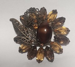 Vintage Brown Marbled Art Glass Rhinestone Filigree GoldTone Brooch STUNNING