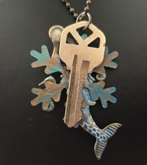Steampunk Mermaid Key Necklace Long 32in Pendant Seahorses Pearl Bronze Sea Life