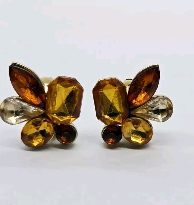 Flower Clip Earrings Amber Colored 1 in Rhinestone Gold tone Cluster Vintage