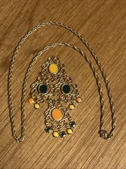 Vintage Celebrity NEW YORK Gold Tone Chandelier Filigree Enamel Dangle Necklace