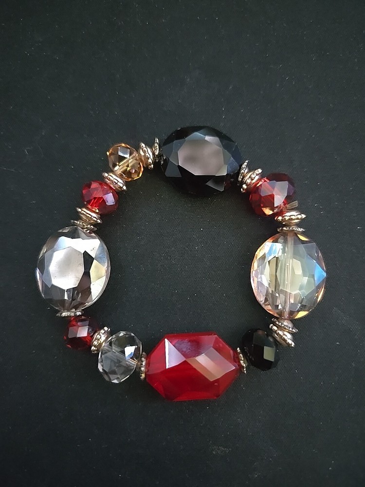 Vintage Chunky Faux Rhinestone Beaded Bracelet Red And Gold Tone Stretchable