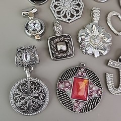 Vintage Silver Tone Pendant Lot of 13 Clear Rhinestones Enamel Chunky KC Best
