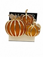 Napier Gold Tone Pumpkin Harvest Brooch Pin Amber Orange Rhinestone Fall Autumn