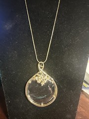 VTG Gold Tone Magnifying Glass Necklace Floral Accent Plastic Pendant 24″ Chain