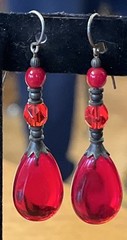 Vintage Red Glass Teardrop Cabochon & Faceted Dangle Drop Pierced Earrings