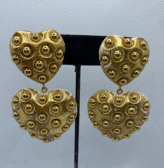 Vintage Gilt Resin Heart Dangle Pierced Earrings Gold Ball Studded 3″ Long Drop