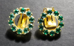 Vintage MCM Earrings Round Shape with Green Square Stones Clip-On Gold Tone