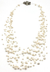Floating Fresh Water White Pearls 3+ Strands ST Rhinestone Clasp 17″ Neckace