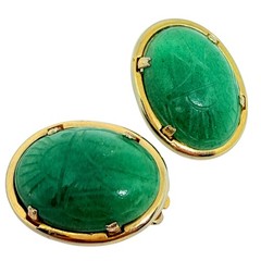 Vintage JJJ Co 1 /20 12k gold filled green jade carved scarab clip on earrings
