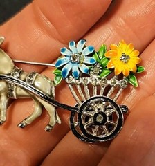 Vintage 1950s Marcasite and Enamel Rhodium Plated Donkey & Flower Cart Brooch