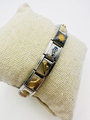 Vintage Italian Stainless Steel 18k Gold Assorted Charm Bracelet Amethyst 7.5”