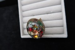 Vtg Domed Confetti Gold Tone Acrylic Resin Artist Made Adjustible Ring Fireworks