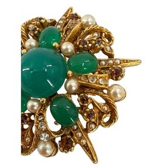 Vintage ART ARTHUR PEPPER Gold Tone Green Rhinestone Faux Pearl Brooch Sunburst