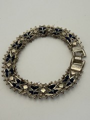 Blue Rhinestone Dark Blue Beaded Link Lattice Work Bracelet Silver Tone Vintage