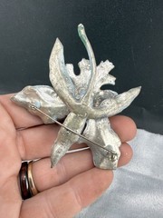 Vintage Pot Metal Brooch Silver Tone Enamel Flower Blue
