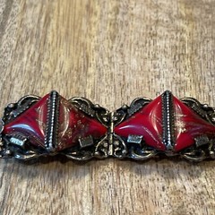 Impressive Vtg Czech Art Glass Red & Copper swirl triangle Bracelet