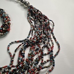 Multicolored Bead Multi Strand Statement Silver Tone Necklace Bracelet Set
