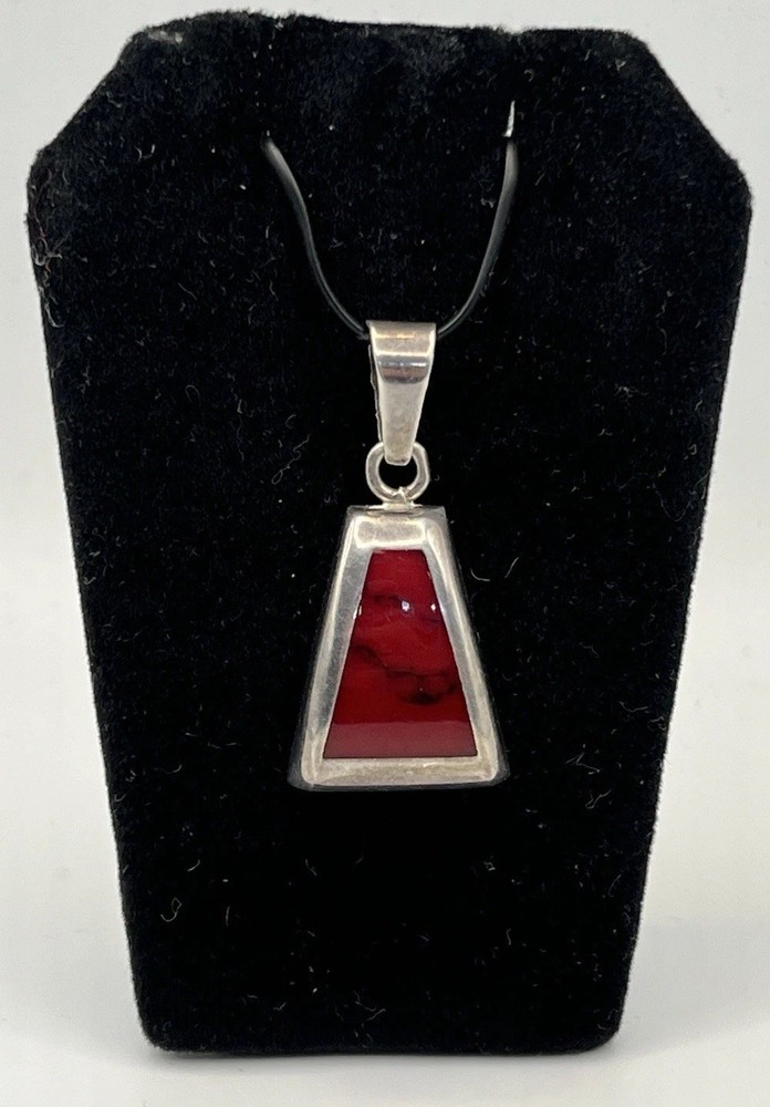 Vintage Modernist Red Sterling Silver 925 Pendant Mexico Howlite Triangle 11.75g