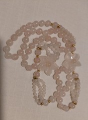 Vintage Pink Rose Quartz Hand Knotted Beaded Necklace With 2 Carved Pink Quartz